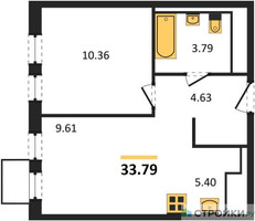 Планировка однокомнатной(квартира) площадью 33.79 квадратных метров в “ЖК Горки Парк”