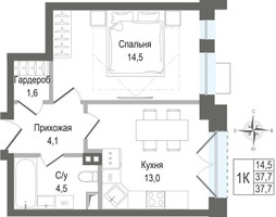 Планировка однокомнатной(квартира) площадью 37.7 квадратных метров в “ЖК КИНОКВАРТАЛ”