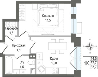 Планировка однокомнатной(квартира) площадью 37.7 квадратных метров в ЖК “ЖК КИНОКВАРТАЛ”