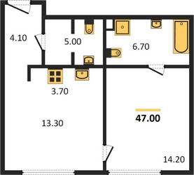 Планировка однокомнатной(квартира) площадью 47 квадратных метров в ЖК “Sydney Prime”