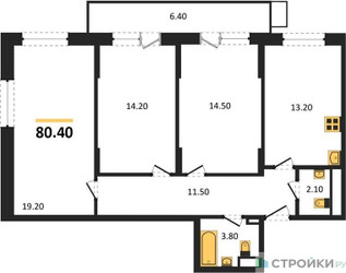 Планировка трехкомнатной(квартира) площадью 80.4 квадратных метров в ЖК “ЖК Пироговская Ривьера”