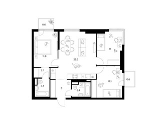 Планировка трехкомнатной(квартира) площадью 75 квадратных метров в ЖК “ЖК Москворечье”