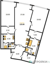 Планировка двухкомнатной(квартира) площадью 125 квадратных метров в ЖК “ЖК Звезды Арбата”