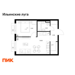 Планировка однокомнатной(квартира) площадью 39.58 квадратных метров в ЖК “ЖК Ильинские луга”
