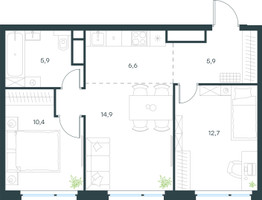 Планировка трехкомнатной(квартира) площадью 56.4 квадратных метров в “ЖК Левел Мичуринский”