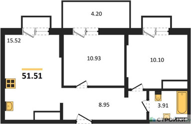 Планировка двухкомнатной(квартира) площадью 51.51 квадратных метров в ЖК “ЖК ВОСТОК II”