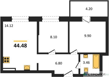 Планировка двухкомнатной(квартира) площадью 44.48 квадратных метров в ЖК “ЖК ВОСТОК II”