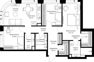 Планировка трехкомнатной(квартира) площадью 92.59 квадратных метров в ЖК “ЖК Веер”