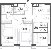 Планировка трехкомнатной(квартира) площадью 79.5 квадратных метров в “ЖК Will Towers (Вилл Тауэрс)”