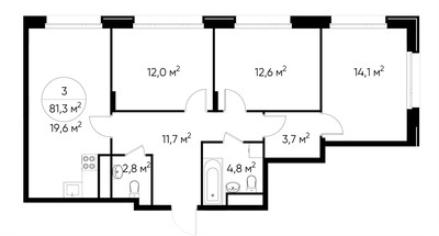 Планировка трехкомнатной(квартира) площадью 81.3 квадратных метров в ЖК “ЖК Переделкино Ближнее”
