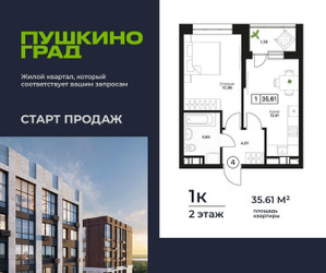 Планировка однокомнатной(квартира) площадью 35.61 квадратных метров в ЖК “ЖК Пушкино Град”