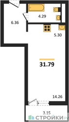 Планировка студии(квартира) площадью 31.79 квадратных метров в “ЖК Riga Hills (Рига Хиллс)”