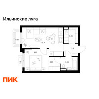 Планировка однокомнатной(квартира) площадью 37.4 квадратных метров в “ЖК Ильинские луга”