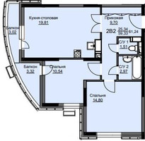 Планировка двухкомнатной(квартира) площадью 62 квадратных метров в “ЖК Соболевка”