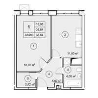 Планировка однокомнатной(квартира) площадью 38.7 квадратных метров в “ЖК Экоград Новый Катуар”