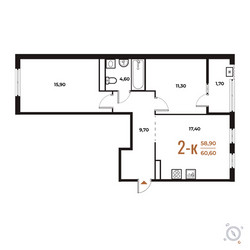 Планировка двухкомнатной(квартира) площадью 60.6 квадратных метров в ЖК “ЖК Новое Летово”