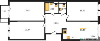 Планировка трехкомнатной(квартира) площадью 81.17 квадратных метров в “ЖК Остафьево”