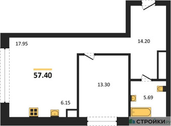 Планировка однокомнатной(апартаменты) площадью 57.4 квадратных метров в ЖК “ЖК Клубный дом КОСМО 4/22”