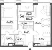Планировка трехкомнатной(квартира) площадью 80.9 квадратных метров в “ЖК Will Towers (Вилл Тауэрс)”