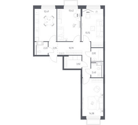 Планировка трехкомнатной(квартира) площадью 77.89 квадратных метров в ЖК “ЖК Томилино Парк”