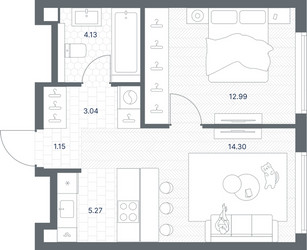 Планировка однокомнатной(квартира) площадью 40.88 квадратных метров в ЖК “ЖК TATE (Тэйт)”