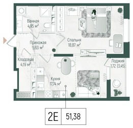 Планировка однокомнатной(квартира) площадью 53.11 квадратных метров в ЖК “ЖК Рига Хиллс”
