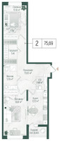 Планировка двухкомнатной(квартира) площадью 77.19 квадратных метров в “ЖК Рига Хиллс”