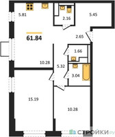 Планировка двухкомнатной(квартира) площадью 61.84 квадратных метров в “ЖК Прибрежный Парк”