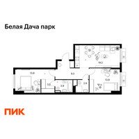 Планировка двухкомнатной(квартира) площадью 66.4 квадратных метров в “ЖК Белая Дача парк”