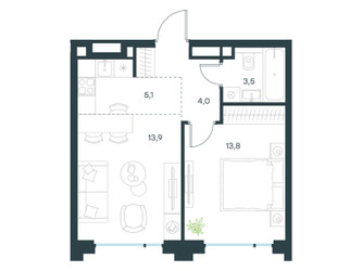 Планировка двухкомнатной(квартира) площадью 40.2 квадратных метров в ЖК “ЖК Level Бауманская”