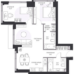 Планировка трехкомнатной(квартира) площадью 71.8 квадратных метров в ЖК “ЖК Hide (Хайд)”