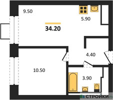 Планировка однокомнатной(квартира) площадью 34.2 квадратных метров в “ЖК Мытищи Парк”
