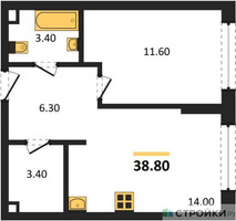 Планировка однокомнатной(квартира) площадью 38.8 квадратных метров в “ЖК Portland (Портланд)”
