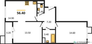Планировка двухкомнатной(квартира) площадью 56.4 квадратных метров в “ЖК ЮЖНАЯ БИТЦА”