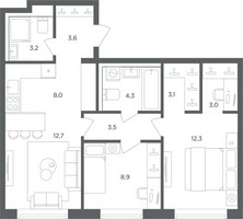 Планировка трехкомнатной(квартира) площадью 62.6 квадратных метров в “ЖК Равновесие”