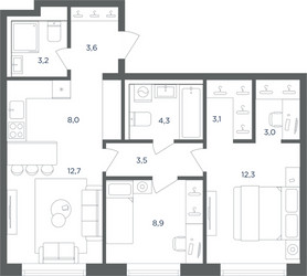 Планировка трехкомнатной(квартира) площадью 62.6 квадратных метров в ЖК “ЖК Равновесие”