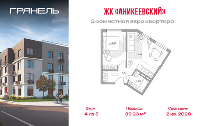 Планировка двухкомнатной(квартира) площадью 39.23 квадратных метров в ЖК “ЖК Аникеевский”
