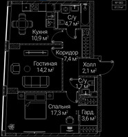 Планировка двухкомнатной(квартира) площадью 61.9 квадратных метров в “ЖК СЕЗАР БУДУЩЕЕ”