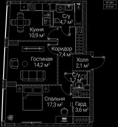 Планировка двухкомнатной(квартира) площадью 61.9 квадратных метров в ЖК “ЖК СЕЗАР БУДУЩЕЕ”
