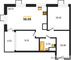 Планировка двухкомнатной(квартира) площадью 56.05 квадратных метров в “ЖК Квартал Тетрис”