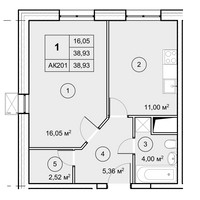 Планировка однокомнатной(квартира) площадью 38.9 квадратных метров в “ЖК Экоград Новый Катуар”