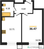 Планировка однокомнатной(квартира) площадью 36.47 квадратных метров в “ЖК Бархат”