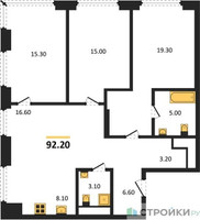 Планировка трехкомнатной(квартира) площадью 92.2 квадратных метров в “ЖК Мираполис”