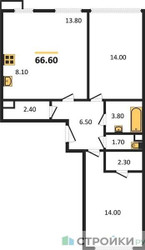 Планировка двухкомнатной(квартира) площадью 66.7 квадратных метров в ЖК “ЖК Датский Квартал”