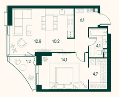 Планировка однокомнатной(квартира) площадью 53.4 квадратных метров в “ЖК Клубный город на реке Primavera (Примавера)”