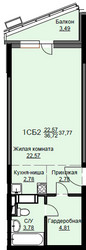 Планировка студии(квартира) площадью 38.1 квадратных метров в ЖК “ЖК Соболевка”