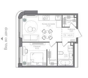 Планировка однокомнатной(квартира) площадью 42.23 квадратных метров в ЖК “ЖК Преображенская Площадь”