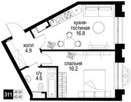Планировка двухкомнатной(квартира) площадью 42.4 квадратных метров в “ЖК Интеллигент”