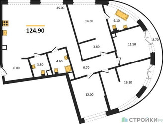 Планировка 4+ комнате(квартира) площадью 124.9 квадратных метров в “ЖК Остров”