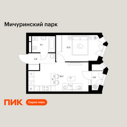 Планировка однокомнатной(квартира) площадью 39.5 квадратных метров в ЖК “ЖК Мичуринский Парк”
